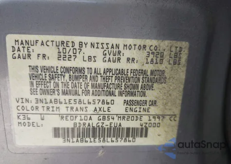 2008 Nissan Sentra 2.0Sl from USA, damaged, VIN 3N1AB61E58L657860